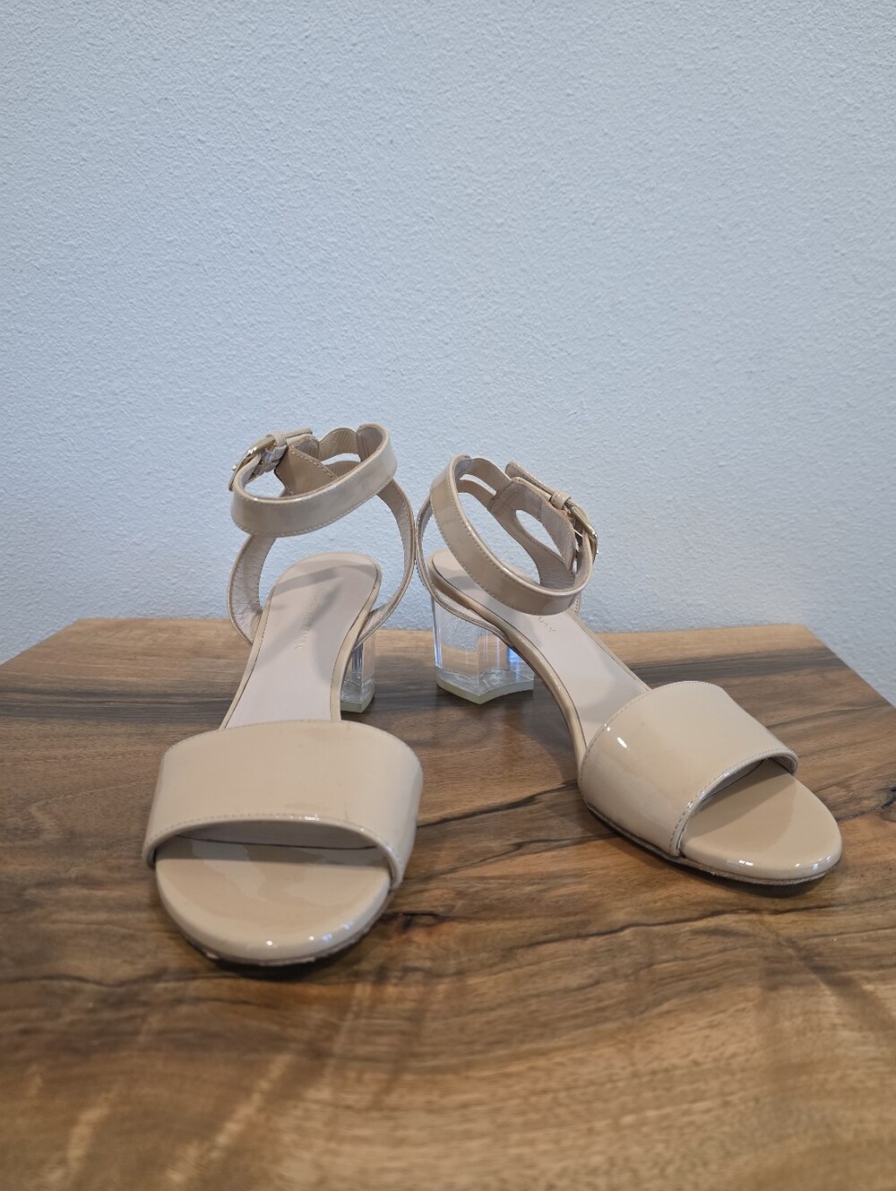 Stuart Weitzman Nude Patent Ankle Strap Sandals with Clear Block Heel